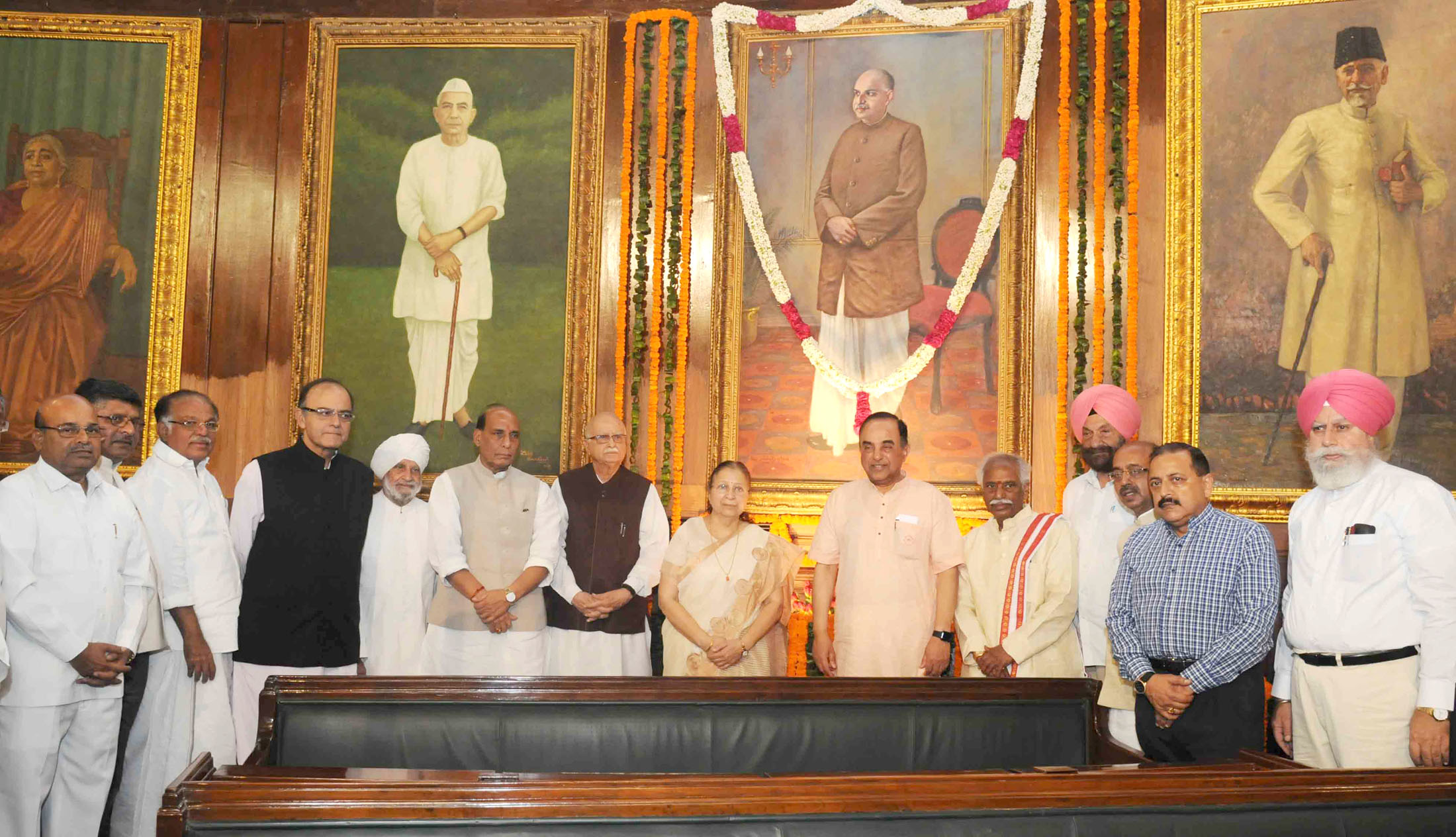 The Speaker, Lok Sabha, Smt. Sumitra Mahajan, the Union Home Minister, Shri Rajnath Singh, the Union Minister for Finance, Corporate Affairs and Information & Broadcasting, Shri Arun Jaitley, the Union Minister for Communications & Information Technology, Shri Ravi Shankar Prasad, the Union Minister for Social Justice and Empowerment, Shri Thaawar Chand Gehlot, the Minister of State for Labour and Employment (I/C), Shri Bandaru Dattatreya, the Minister of State for Development of North Eastern Region (I/C), Prime Ministers Office, Personnel, Public Grievances & Pensions, Department of Atomic Energy, Department of Space, Dr. Jitendra Singh and other dignitaries paid floral tributes to Dr. Syama Prasad Mookerjee, on the occasion of his birth anniversary, in Central Hall of Parliament, in New Delhi on July 06, 2015.