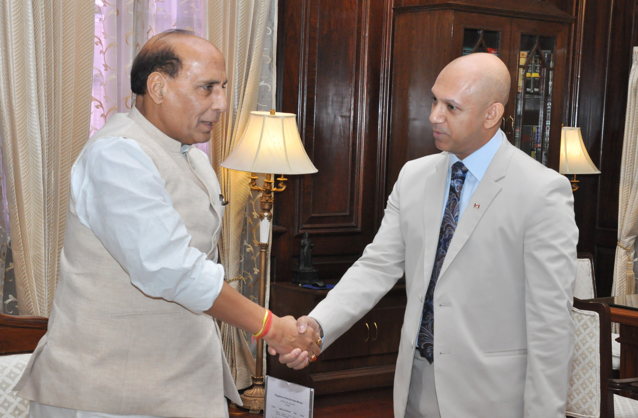 The Canadian High Commissioner to India, Mr. Nadir Patel calling on the Union Home Minister, Shri Rajnath Singh, in New Delhi on July 24, 2015.