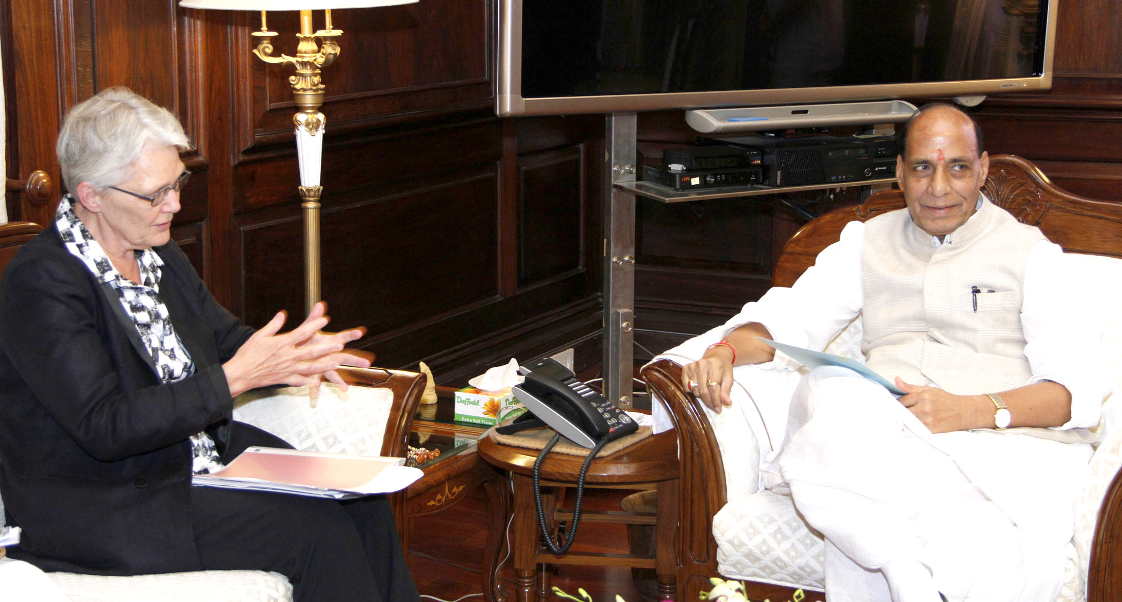 The Special Representative of Secretary General, UN for Disaster Risk Reduction, Ms. Margareta Wahlstrom calling on the Union Home Minister, Shri Rajnath Singh, in New Delhi on August 24, 2015.