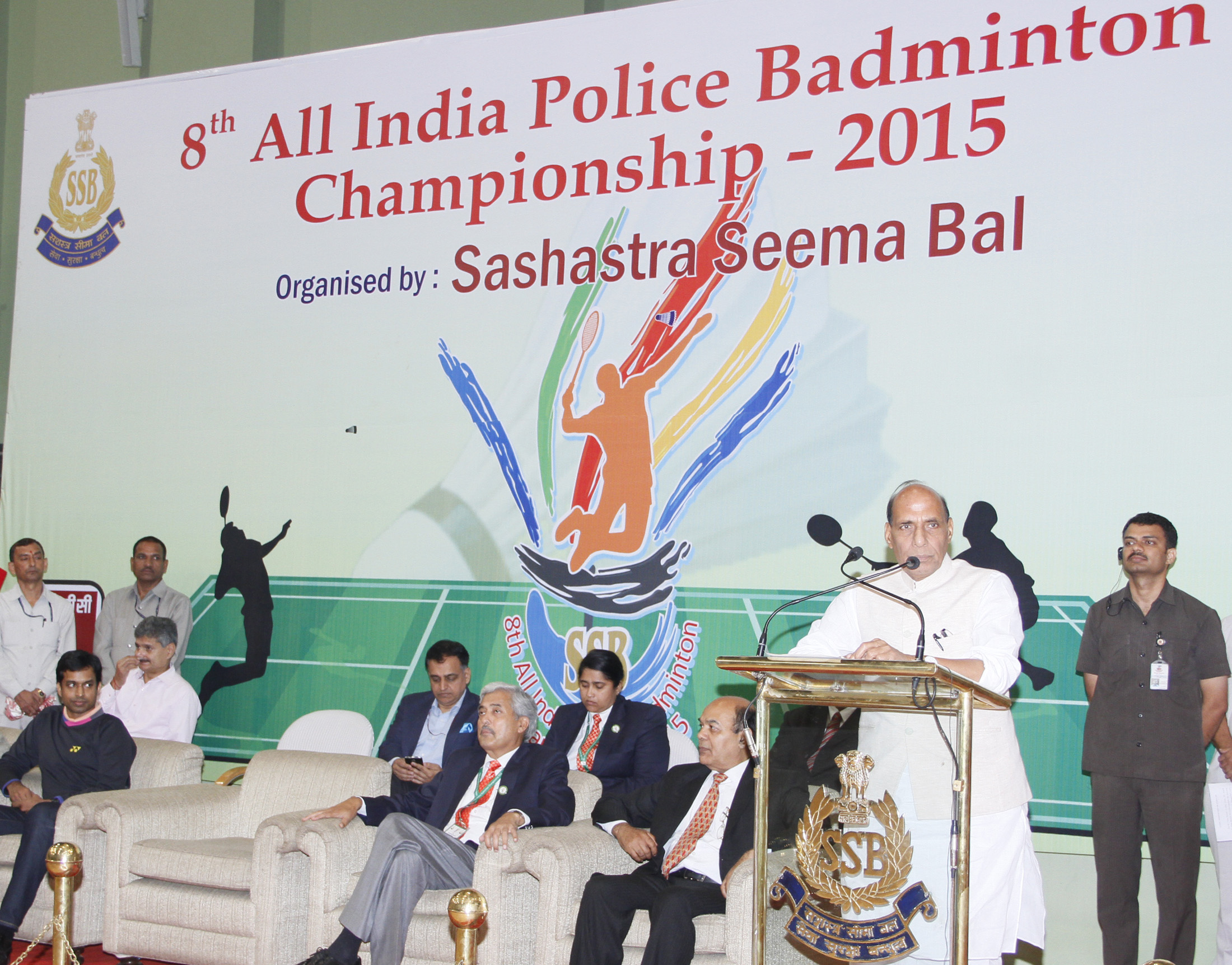 The Union Home Minister, Shri Rajnath Singh addressing gathering at the Closing Ceremony of the 8th All-India Police Badminton Championship-2015, in New Delhi on November 06, 2015.  	The Director General, Sashastra Seema Bal, Shri B.D. Sharma is also seen.