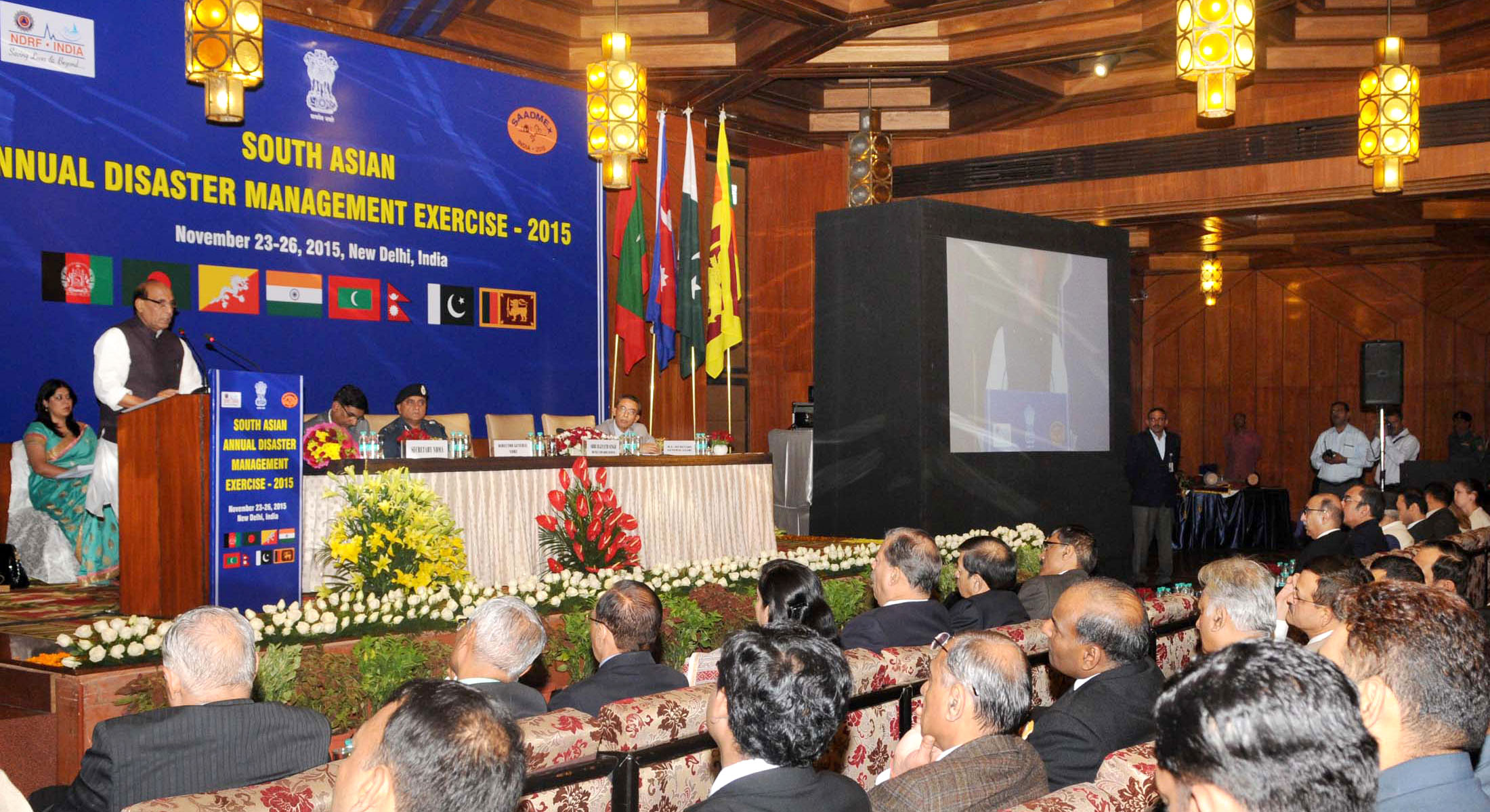 The Union Home Minister, Shri Rajnath Singh addressing at the concluding session of the first South Asia Annual Disaster Management Exercise (SAADMEx)-2015, in New Delhi on November 26, 2015. The Secretary General, SAARC, Shri Arjun Bahadur Thapa, the Member Secretary, NDMA, Shri R.K. Jain and the Director General, National Disaster Response Force (NDRF), Shri O.P. Singh are also seen.