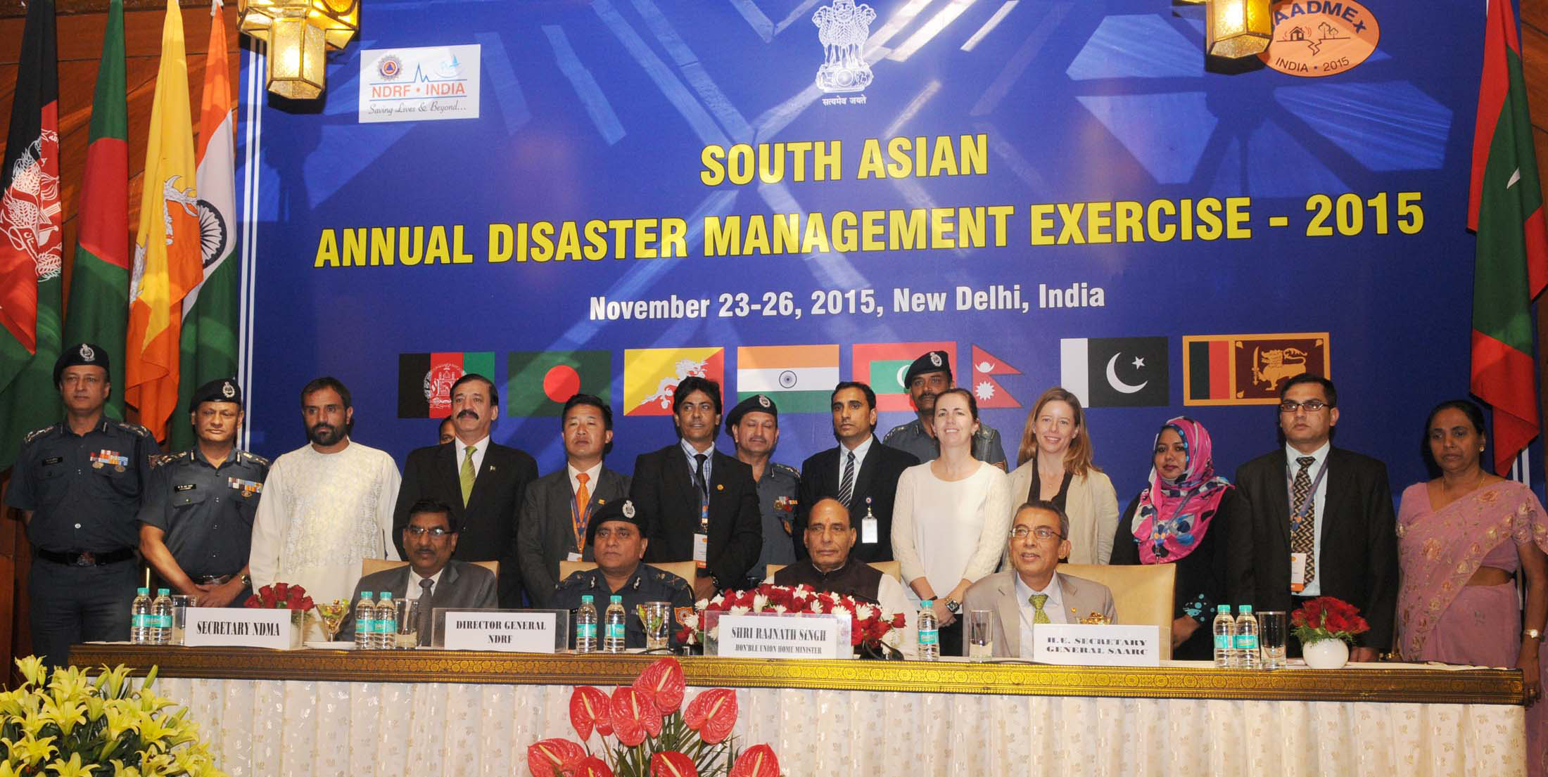 The Union Home Minister, Shri Rajnath Singh with the medal winner officers of NDRF, at the concluding session of the first South Asia Annual Disaster Management Exercise (SAADMEx)-2015, in New Delhi on November 26, 2015. The Secretary General, SAARC, Shri Arjun Bahadur Thapa, the Member Secretary, NDMA, Shri R.K. Jain and the Director General, National Disaster Response Force (NDRF), Shri O.P. Singh are also seen.