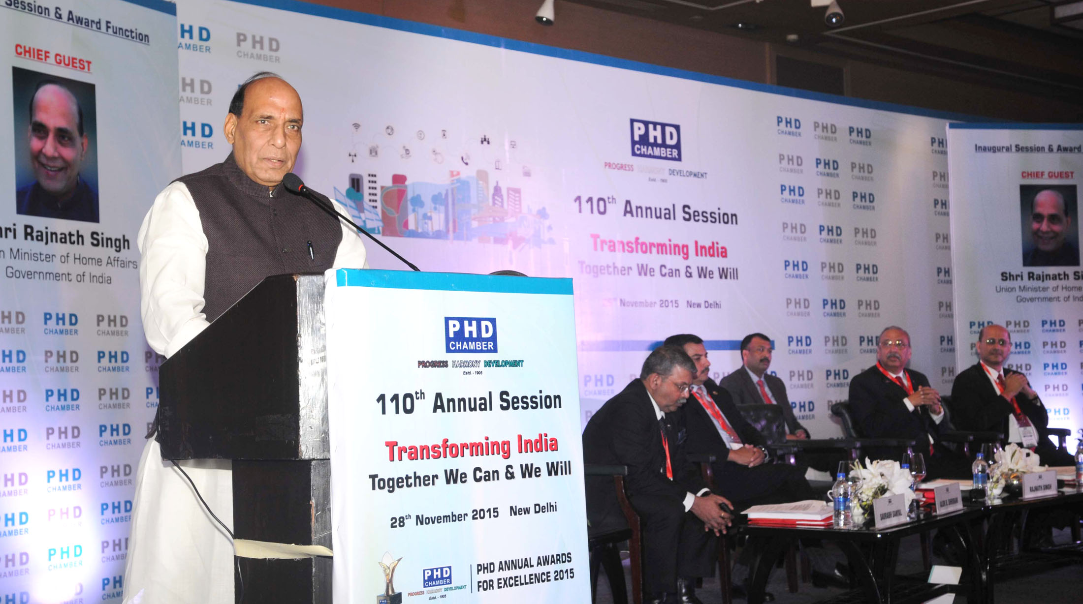 The Union Home Minister, Shri Rajnath Singh addressing at the inauguration of the 110th Annual Session of the PHD Chamber and PHD Annual Awards for Excellence  2015 function, in New Delhi on November 28, 2015.