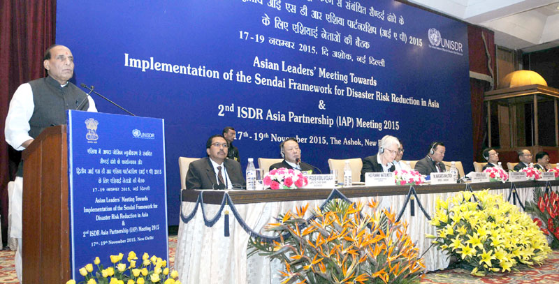 The Union Home Minister, Shri Rajnath Singh addressing the Inaugural Session of the Asian Leaders Meeting towards Implementation of the Sendai Framework, in New Delhi on November 17, 2015.  	The Minister of State for Home Affairs, Shri Kiren Rijiju and other dignitaries are also seen.
