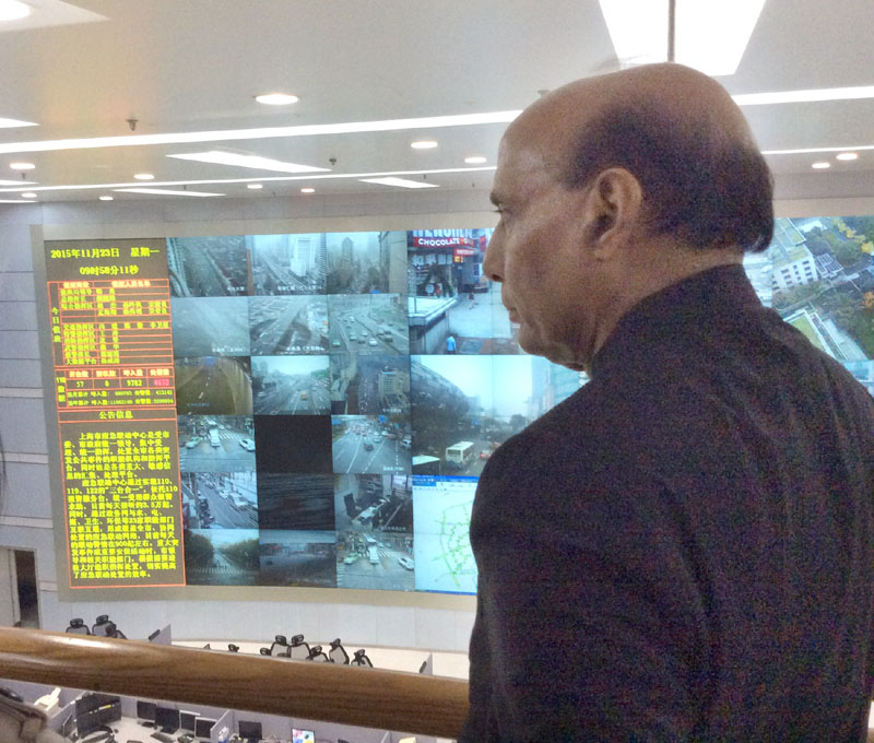 The Union Home Minister, Shri Rajnath Singh visiting the Shanghai Command Control Centre, in China on November 23, 2015.