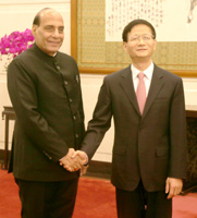 The Union Home Minister, Shri Rajnath Singh in a meeting with the Secretary of the Central Political and Legal Affairs Commission of the Communist Party of China, Mr. Meng Jian Zhu, in Beijing, China on November 20, 2015.