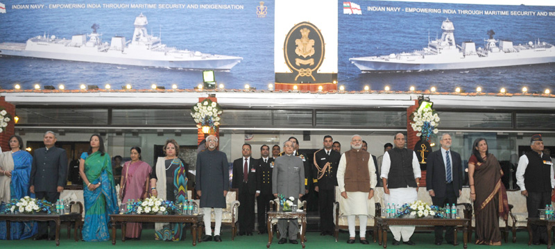 The President, Shri Pranab Mukherjee, the Vice President, Shri Mohd. Hamid Ansari, the Prime Minister, Shri Narendra Modi, the Union Home Minister, Shri Rajnath Singh and other dignitaries during the 'At Home' reception, organised by the Chief of Naval Staff, Admiral R.K. Dhowan, on the occasion of Navy Day, in New Delhi on December 04, 2015.