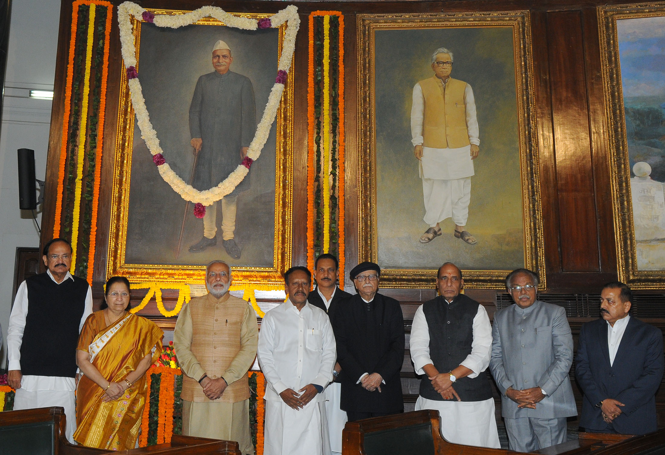 The Prime Minister, Shri Narendra Modi, the Speaker, Lok Sabha, Smt. Sumitra Mahajan, the Union Home Minister, Shri Rajnath Singh, the Union Minister for Urban Development, Housing and Urban Poverty Alleviation and Parliamentary Affairs, Shri M. Venkaiah Naidu and other dignitaries paid homage, at the portrait of the former President, Late Dr. Rajendra Prasad on the occasion of his 131st birth anniversary, at Parliament House, in New Delhi on December 03, 2015.