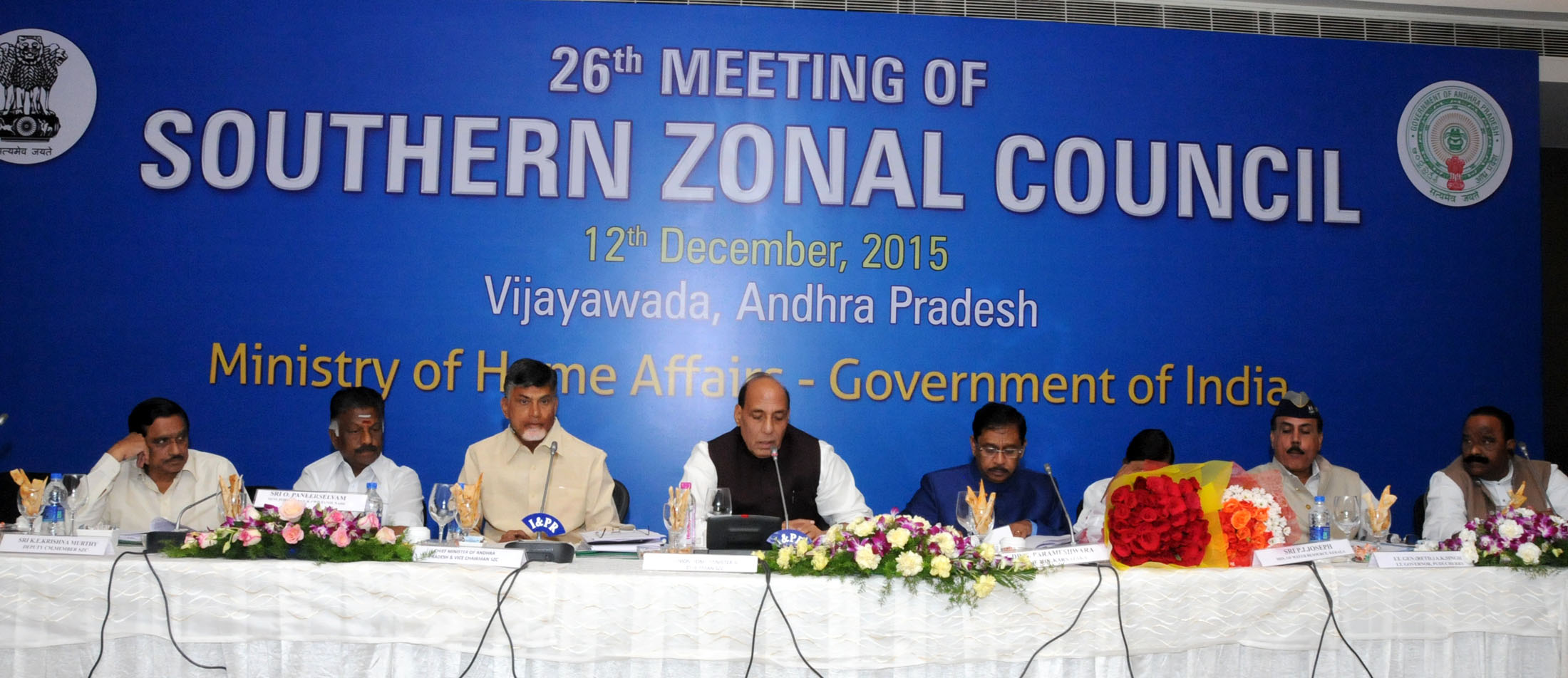 The Union Home Minister, Shri Rajnath Singh chairing the 26th Southern Zonal Council meeting, in Vijayawada, Andhra Pradesh on December 12, 2015. 	The Chief Minister of Andhra Pradesh, Shri N. Chandrababu Naidu and other dignitaries are also seen.