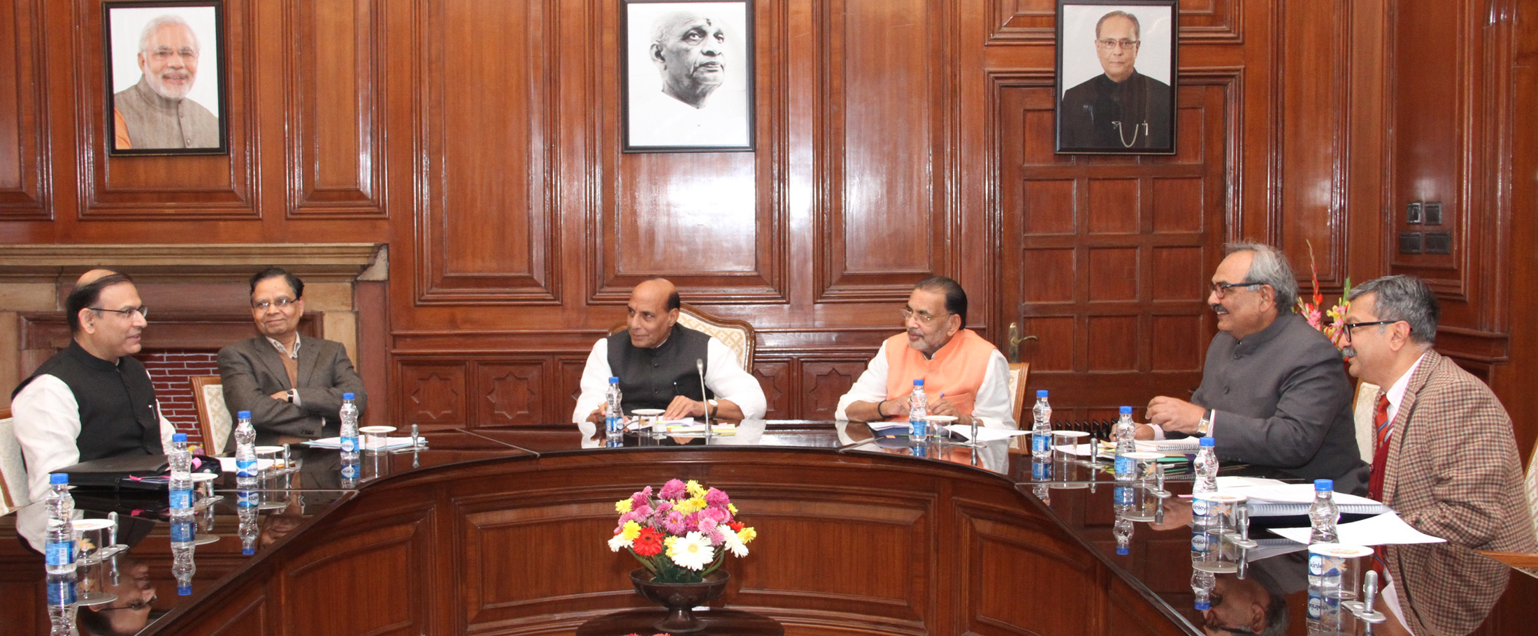 The Union Home Minister, Shri Rajnath Singh chairing a High Level Committee (HLC) meeting for Central Assistance to States affected by drought, in New Delhi on December 29, 2015.  	The Union Minister for Agriculture and Farmers Welfare, Shri Radha Mohan Singh, the Minister of State for Finance, Shri Jayant Sinha, the Vice Chairman NITI Aayog, Shri Arvind Panagariya, the Union Home Secretary, Shri Rajiv Mehrishi and the Additional Secretary, Department of Agriculture, Cooperation & Farmers Welfare, Shri Raghvendra Singh are also seen.