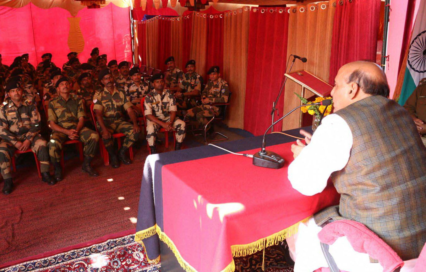 The Union Home Minister, Shri Rajnath Singh the BSF Jawans, at Karimganj, Indo-Bangladesh border, in Assam on January 03, 2016.