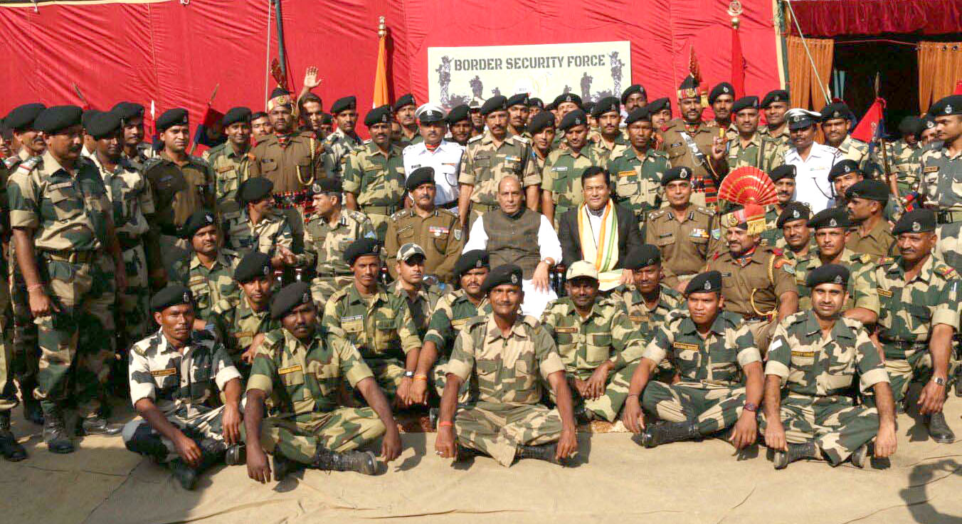 The Union Home Minister, Shri Rajnath Singh in a group photograph with the BSF Jawans, at Karimganj, Indo-Bangladesh border, in Assam on January 03, 2016.