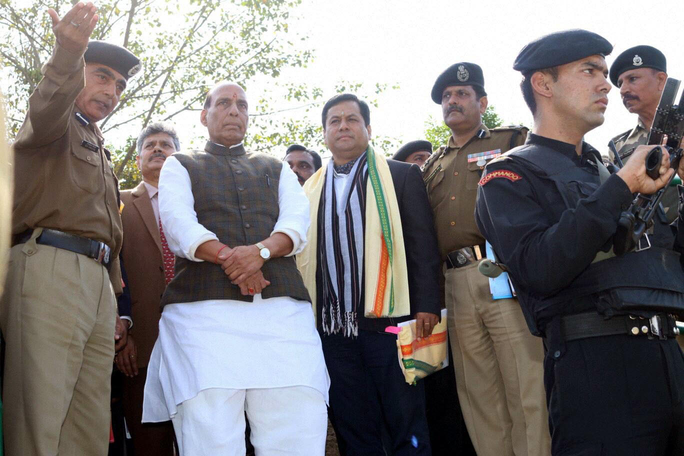 The Union Home Minister, Shri Rajnath Singh visits the Indo-Bangladesh border, in Assam on January 03, 2016. 	The Minister of State for Youth Affairs and Sports (Independent Charge), Shri Sarbananda Sonowal is also seen.