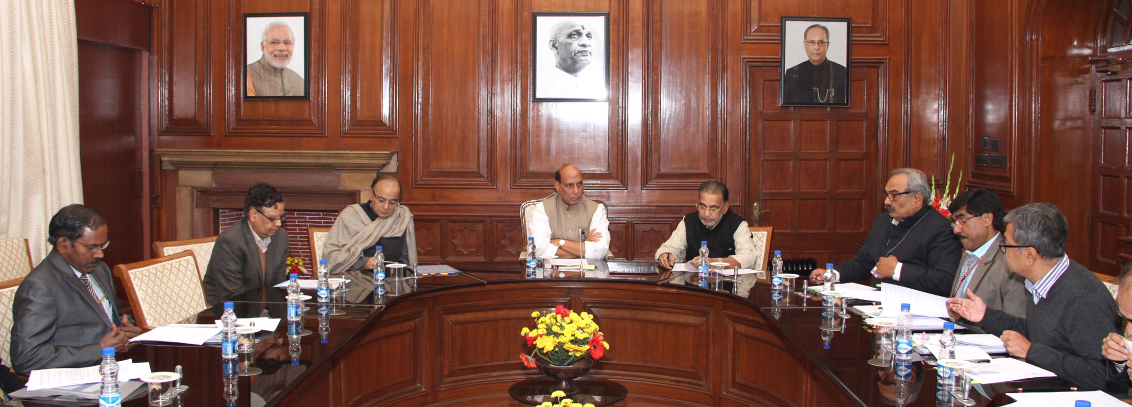 The Union Home Minister, Shri Rajnath Singh chairing a meeting of the High Level Committee (HLC), in New Delhi on January 06, 2016.  The Union Minister for Finance, Corporate Affairs and Information & Broadcasting, Shri Arun Jaitley, the Union Minister for Agriculture and Farmers Welfare, Shri Radha Mohan Singh, the Vice-Chairman NITI Aayog, Shri Arvind Panagariya, the Union Home Secretary, Shri Rajiv Mehrishi and senior officers of the Ministries of Home, Finance and Agriculture are also seen.
