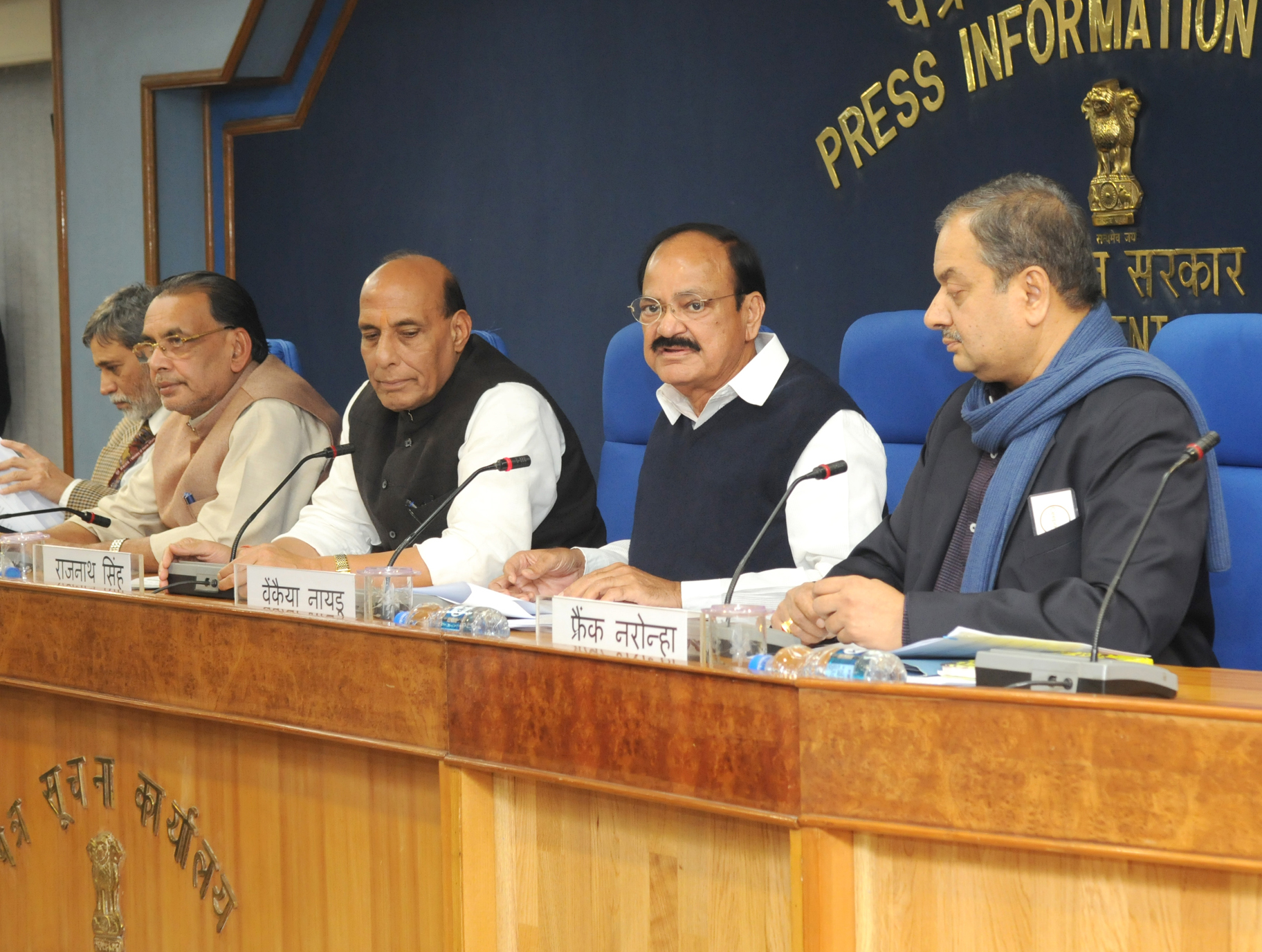 The Union Home Minister, Shri Rajnath Singh, the Union Minister for Urban Development, Housing and Urban Poverty Alleviation and Parliamentary Affairs, Shri M. Venkaiah Naidu and the Union Minister for Agriculture and Farmers Welfare, Shri Radha Mohan Singh briefing the media on Cabinet Decisions, in New Delhi on January 13, 2016. 	The Secretary, Department of Agriculture and Cooperation & Farmers Welfare, Shri Siraj Hussain and the Director General (M&C), Press Information Bureau, Shri A.P. Frank Noronha are also seen.