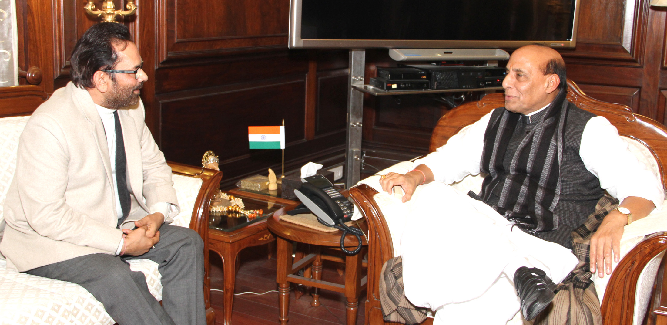 The Minister of State for Minority Affairs and Parliamentary Affairs, Shri Mukhtar Abbas Naqvi meeting the Union Home Minister, Shri Rajnath Singh, in New Delhi on January 15, 2016.