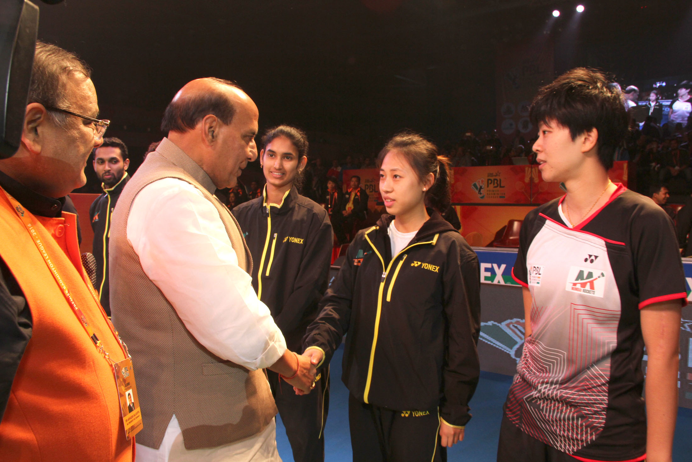 The Union Home Minister, Shri Rajnath Singh being introduced to the players, during the final day of the Premier Badminton League, in New Delhi on January 17, 2016.