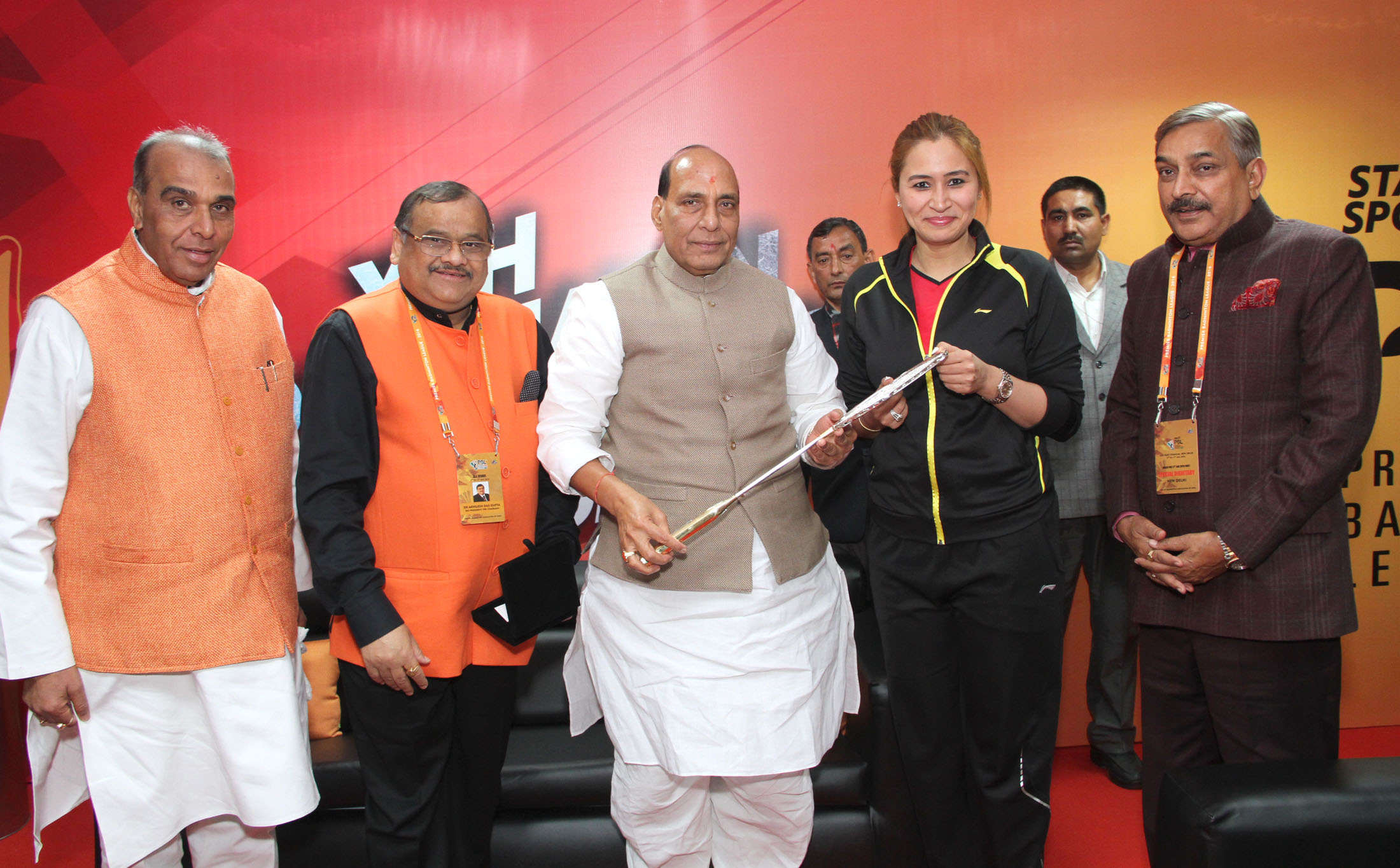 The Union Home Minister, Shri Rajnath Singh being presented the memento during the final day of the Premier Badminton League, in New Delhi on January 17, 2016.