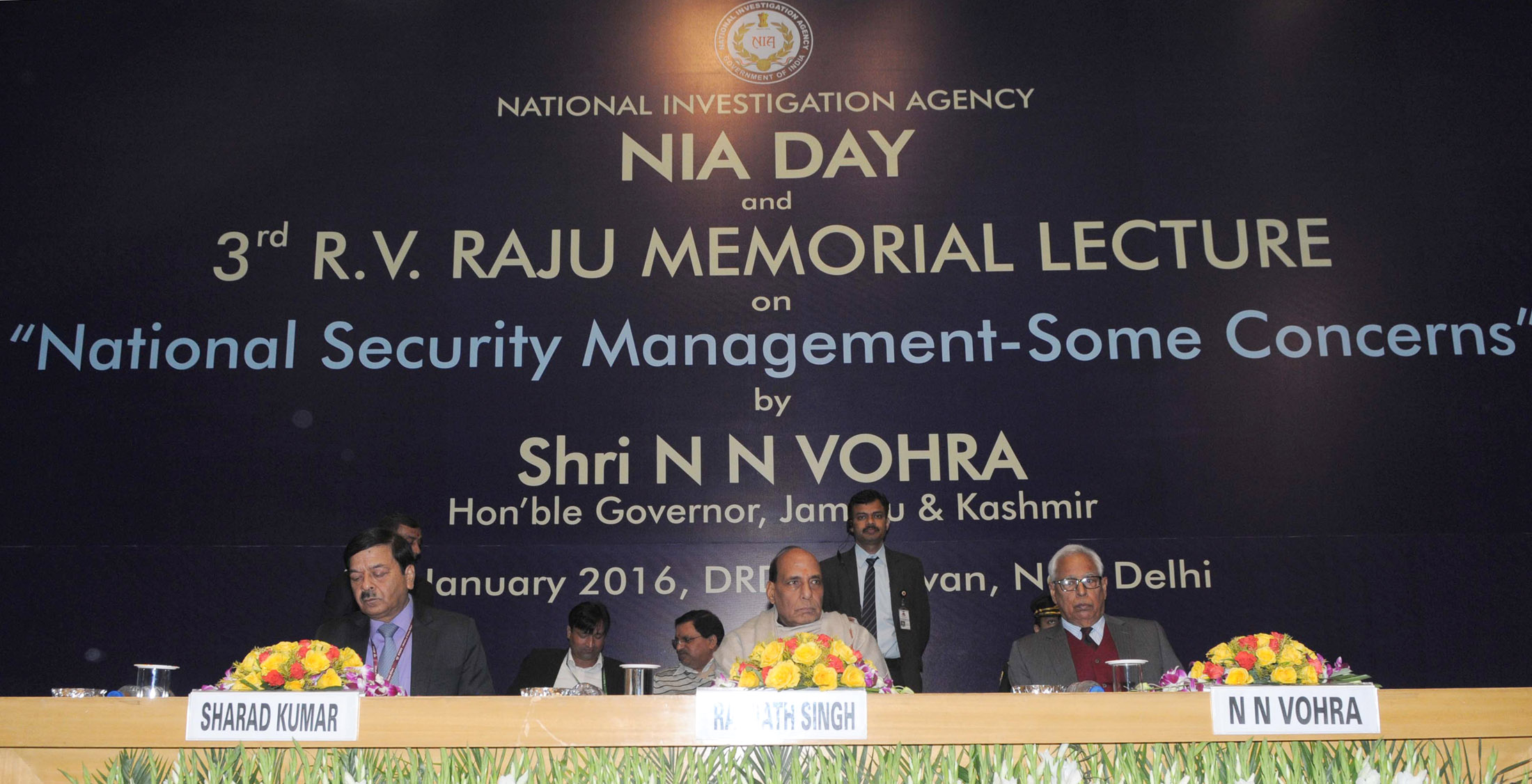 The Union Home Minister, Shri Rajnath Singh and the Governor of Jammu and Kashmir, Shri N.N. Vohra, at the National Investigation Agency (NIA) Day, in New Delhi on January 19, 2016.