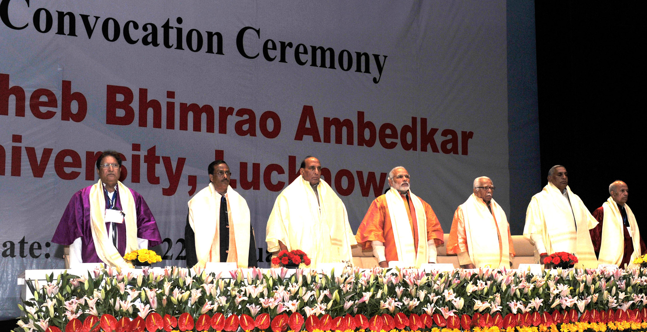 The Prime Minister, Shri Narendra Modi at the 6th Convocation of Babasaheb Bhimrao Ambedkar University, at Lucknow, in Uttar Pradesh on January 22, 2016. 	The Governor of Uttar Pradesh, Shri Ram Naik, the Union Home Minister, Shri Rajnath Singh and other dignitaries are also seen.
