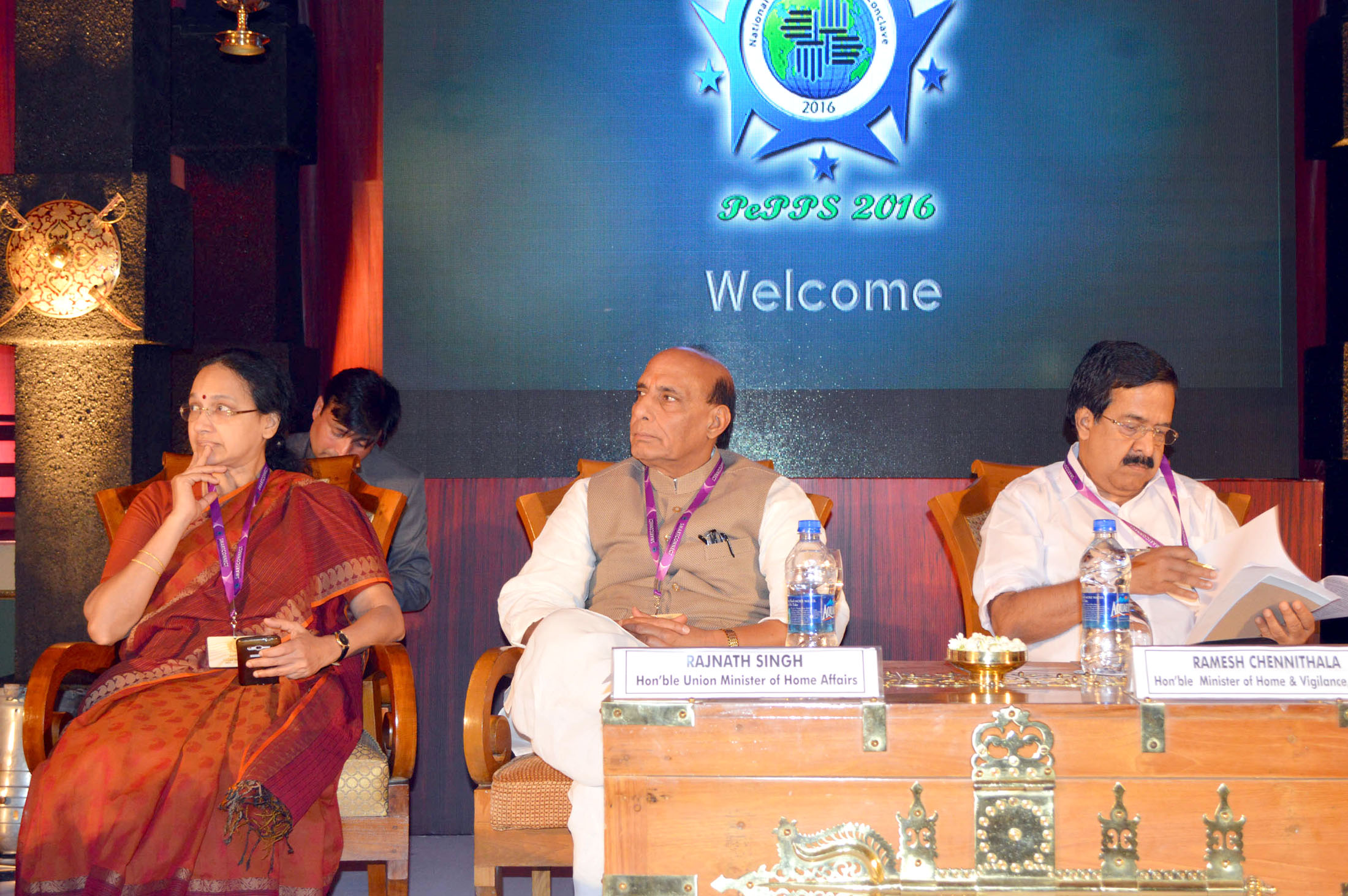 The Union Home Minister, Shri Rajnath Singh at the inauguration of the National Conclave on Community Policing, at Kovalam, in Thiruvananthapuram Kerala on January 27, 2016.  	The Kerala Home Minister, Shri Ramesh Chennithala and the State Home Secretary, Smt. Nalini Netto are also seen.