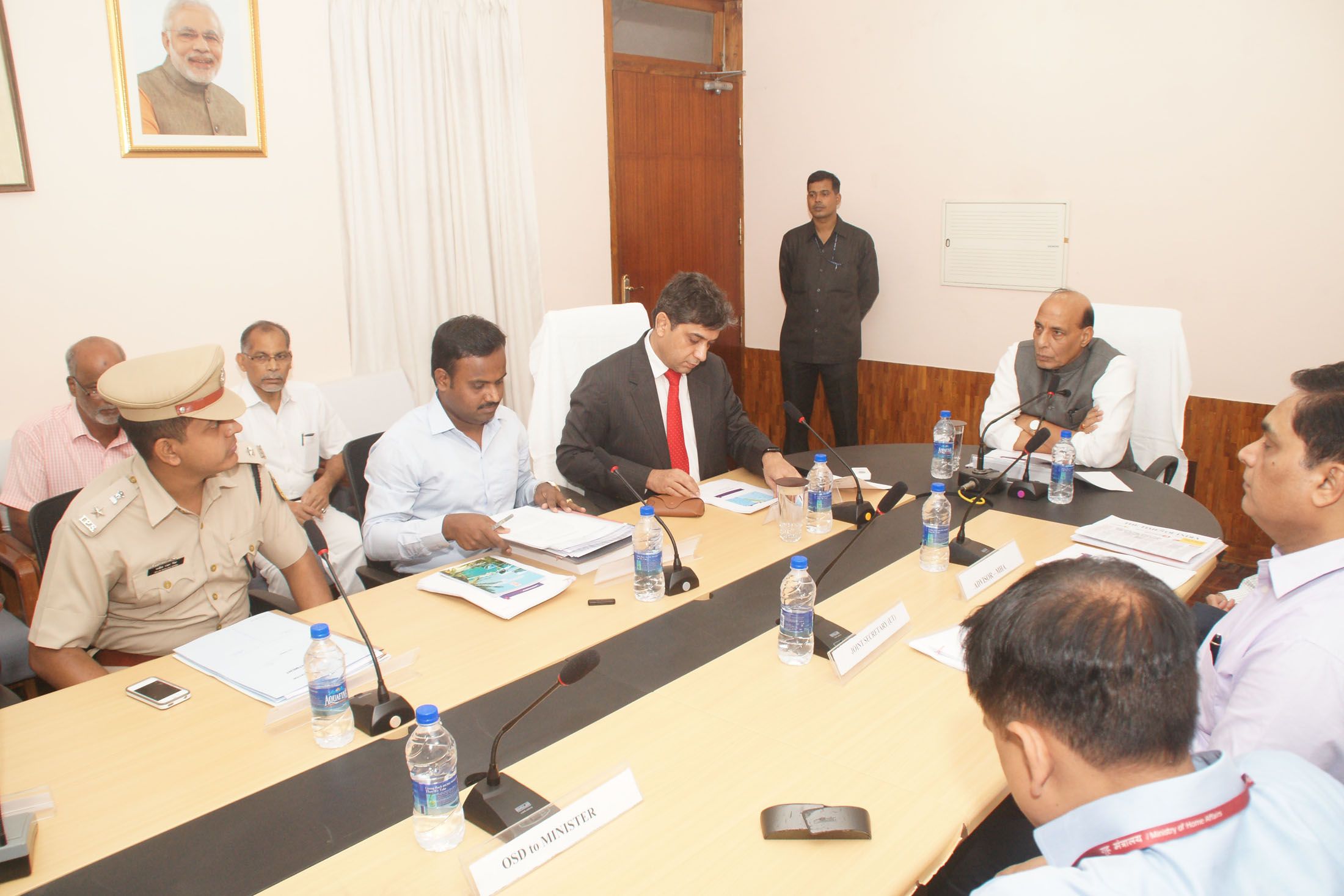 The Union Home Minister, Shri Rajnath Singh chairing a meeting to review the development programmes and coastal security with Administrator and other senior Government officials of Lakshadweep, at Kavaratti, Lakshadweep on February 06, 2016.