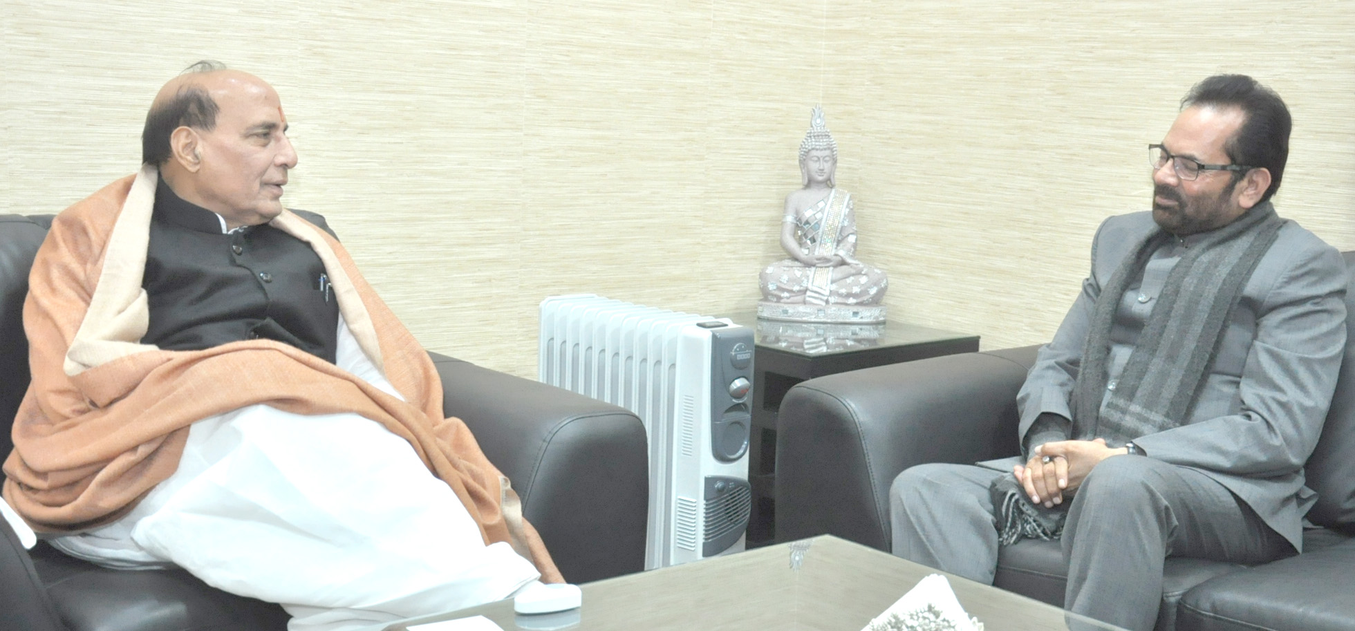 The Minister of State for Minority Affairs and Parliamentary Affairs, Shri Mukhtar Abbas Naqvi calling on the Union Home Minister, Shri Rajnath Singh, in New Delhi on February 07, 2016.