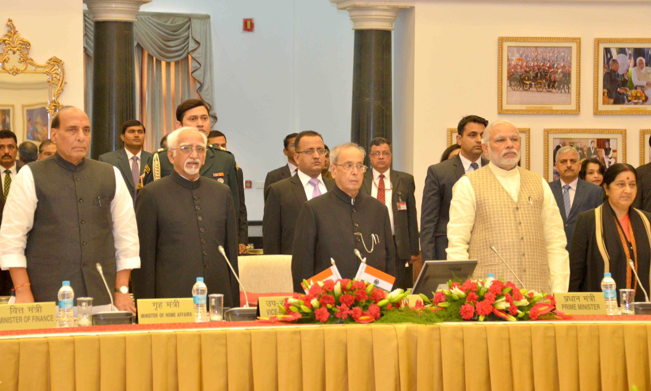 The President, Shri Pranab Mukherjee, the Vice President, Shri M. Hamid Ansari, the Prime Minister, Shri Narendra Modi, the Union Home Minister, Shri Rajnath Singh and the Union Minister for External Affairs and Overseas Indian Affairs, Smt. Sushma Swaraj at the Governors Conference, at Rashtrapati Bhavan, in New Delhi on February 09, 2016.