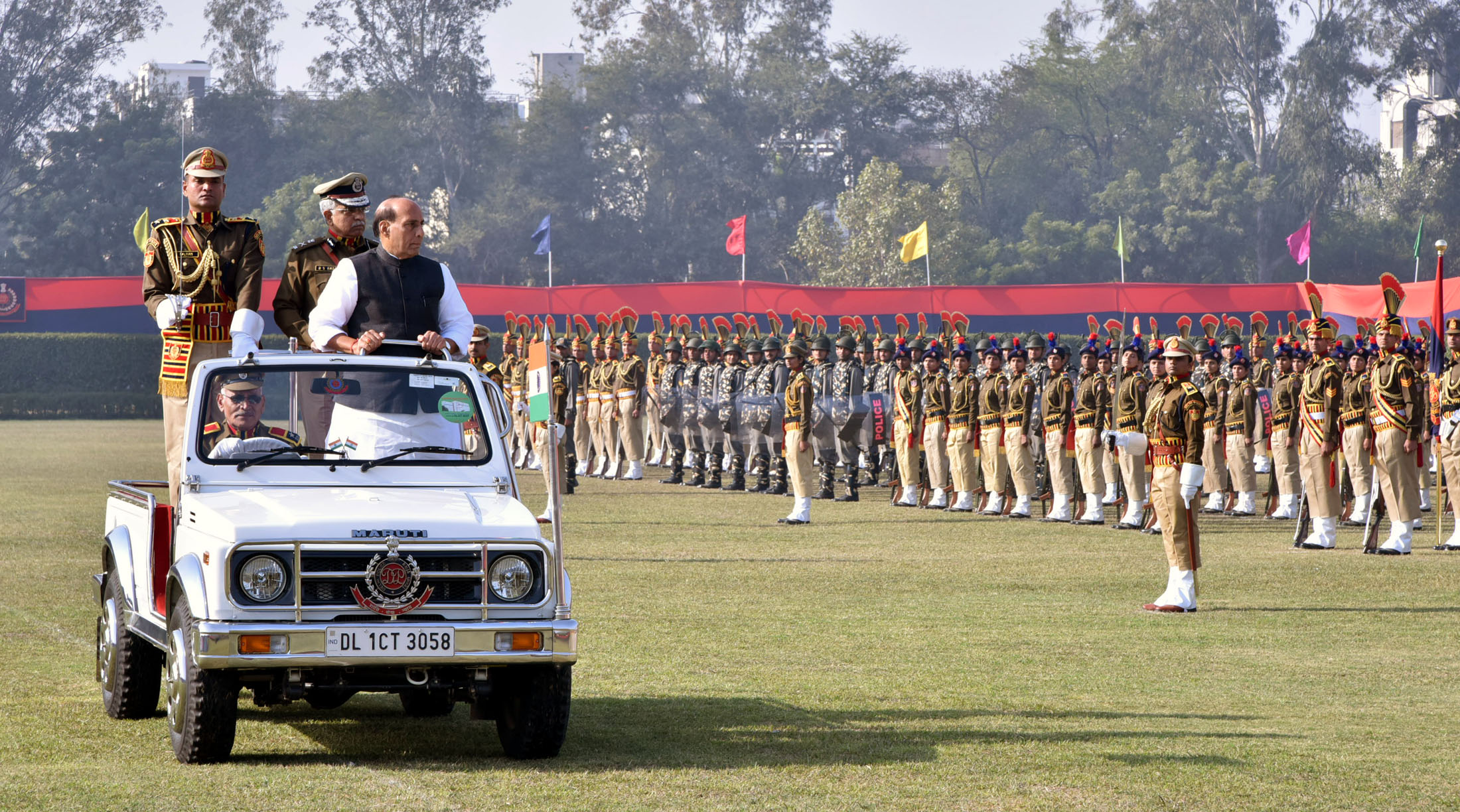 The Union Home Minister, Shri Rajnath Singh inspecting the parade on the occasion of 69th Raising Day function of Delhi Police, in New Delhi on February 16, 2016.  	The Police Commissioner of Delhi, Shri B.S. Bassi is also seen.