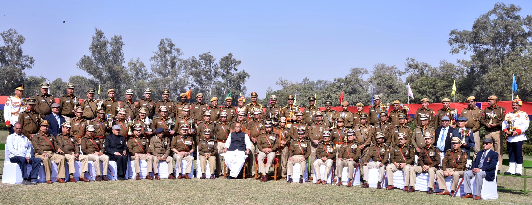 The Union Home Minister, Shri Rajnath Singh in a group photograph with the Delhi Police personnel on the occasion of 69th Raising Day function of Delhi Police, in New Delhi on February 16, 2016.  	The Police Commissioner of Delhi, Shri B.S. Bassi is also seen.