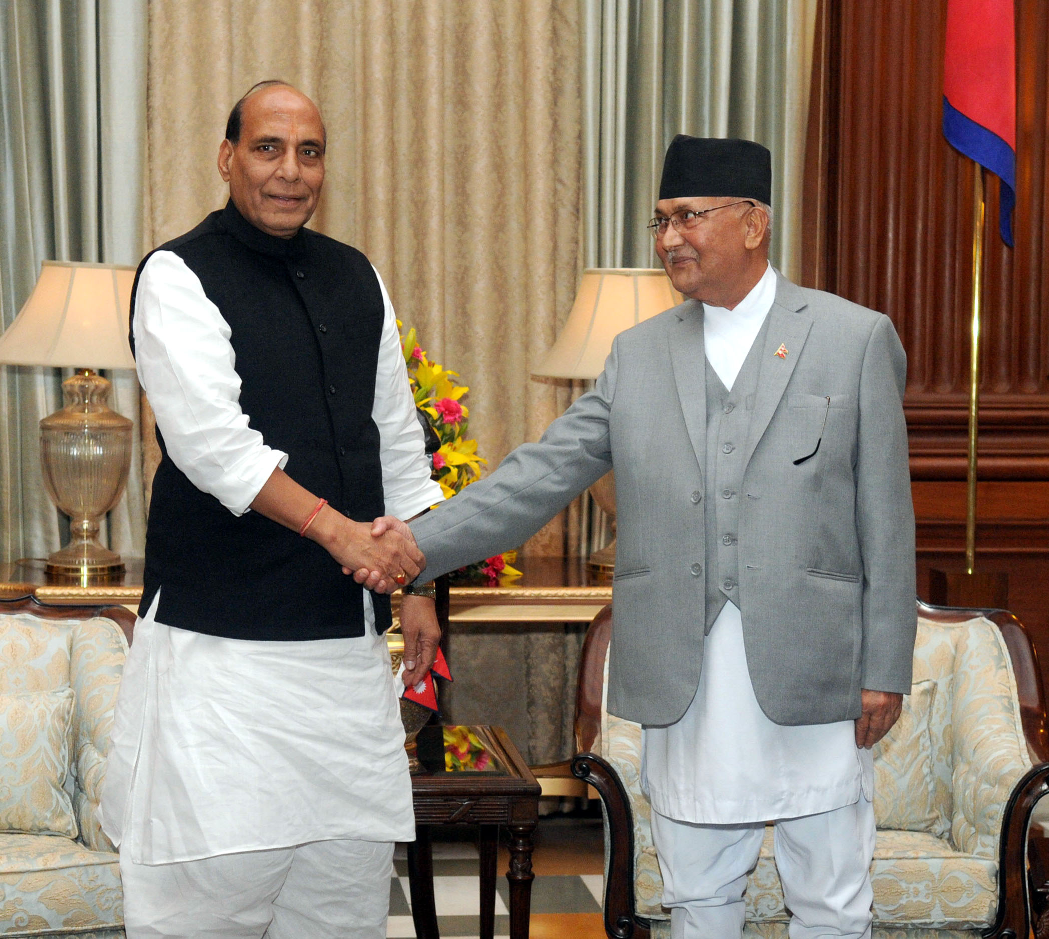 The Union Home Minister, Shri Rajnath Singh calling on the Prime Minister of Nepal, Shri K.P. Sharma Oli, at Rashtrapati Bhavan, in New Delhi on February 20, 2016.