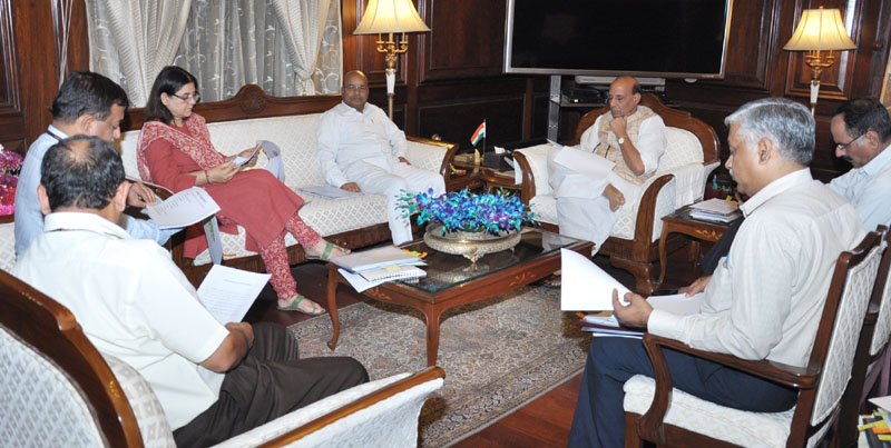 The Union Home Minister, Shri Rajnath Singh chairing a group of Ministers meeting on the Rights of Persons with Disabilities Bill, 2014, in New Delhi on April 07, 2016.  The Union Minister for Women and Child Development, Smt. Maneka Sanjay Gandhi, the Union Minister for Social Justice and Empowerment, Shri Thaawar Chand Gehlot and the senior officers are also seen.