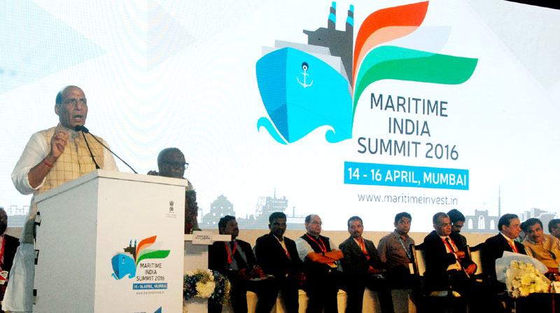 The Union Home Minister, Shri Rajnath Singh addressing at the valedictory function of the Maritime India Summit, in Mumbai on April 15, 2016. 	The Union Minister for Road Transport & Highways and Shipping, Shri Nitin Gadkari and other dignitaries are also seen.