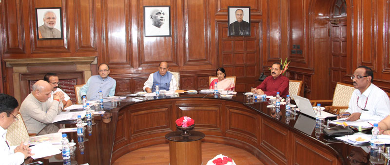 The Union Home Minister, Shri Rajnath Singh chairing a Group of Ministers meeting on the proposal of the Election Commission, in New Delhi on April 11, 2016.  The Union Minister for External Affairs, Smt. Sushma Swaraj, the Union Minister for Finance, Corporate Affairs and Information & Broadcasting, Shri Arun Jaitley, the Union Minister for Law & Justice, Shri D.V. Sadananda Gowda and the Minister of State for Development of North Eastern Region (I/C), Prime Ministers Office, Personnel, Public Grievances & Pensions, Department of Atomic Energy, Department of Space, Dr. Jitendra Singh and senior officers are also seen.