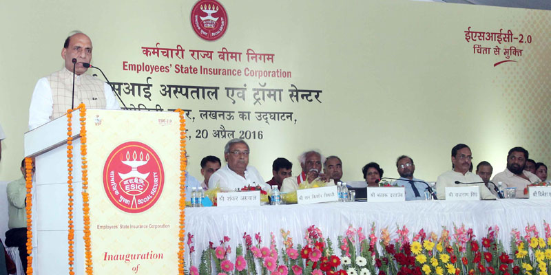 The Union Home Minister, Shri Rajnath Singh addressing at the inauguration of the ESIC Hospital and Trauma Centre, in Lucknow on April 20, 2016. 	The Minister of State for Labour and Employment (Independent Charge), Shri Bandaru Dattatreya and other dignitaries are also seen.