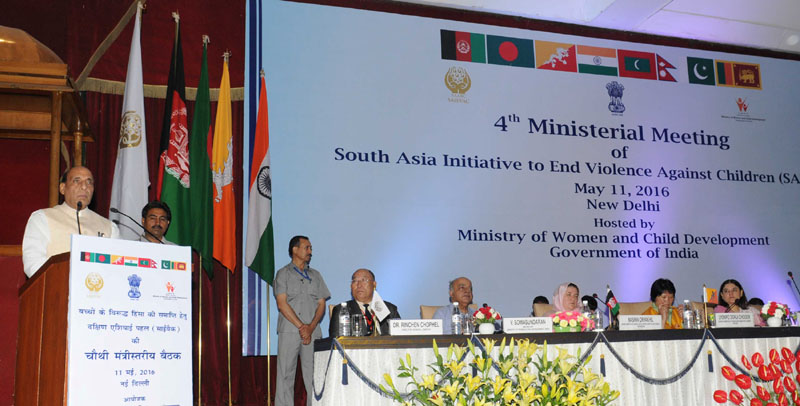 The Union Home Minister, Shri Rajnath Singh addressing at the 4th Ministerial Meeting of South Asia Initiative to End Violence Against Children (SAIEVAC), in New Delhi on May 11, 2016. 	The Union Minister for Women and Child Development, Smt. Maneka Sanjay Gandhi and other dignitaries are also seen.