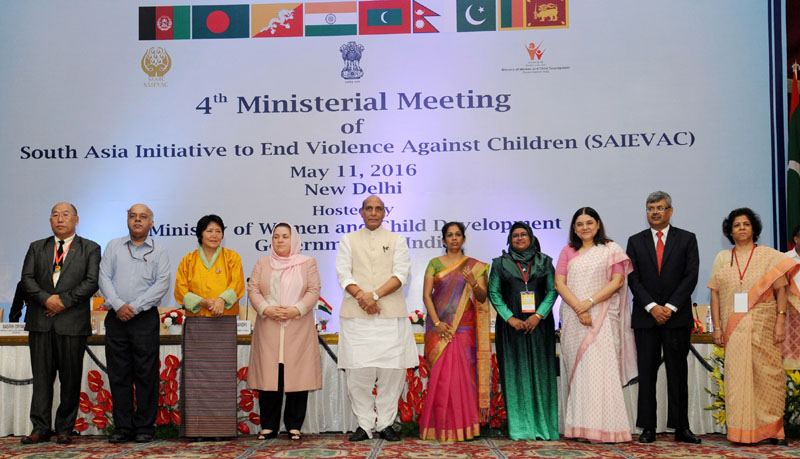 The Union Home Minister, Shri Rajnath Singh, the Union Minister for Women and Child Development, Smt. Maneka Sanjay Gandhi and other dignitaries at the 4th Ministerial Meeting of South Asia Initiative to End Violence Against Children (SAIEVAC), in New Delhi on May 11, 2016.