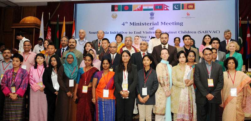 The Union Home Minister, Shri Rajnath Singh, the Union Minister for Women and Child Development, Smt. Maneka Sanjay Gandhi and other dignitaries in a group photograph at the 4th Ministerial Meeting of South Asia Initiative to End Violence Against Children (SAIEVAC), in New Delhi on May 11, 2016.
