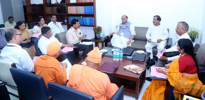 The Union Home Minister, Shri Rajnath Singh along with the Minister of State for Culture (Independent Charge), Tourism (Independent Charge) and Civil Aviation, Dr. Mahesh Sharma chairing the Meeting of the National Implementation Committee (NIC) to consider proposals regarding Birth Centenary of Biju Patnaik, Bismillah Khan, Amrit Lal Nagar, M. S. Subbalakshmi and 150th Birth Anniversary of Swami Abhedananda, in New Delhi on May 19, 2016. 	The Secretary, Ministry of Culture, Shri Narendra Kumar Sinha is also seen.