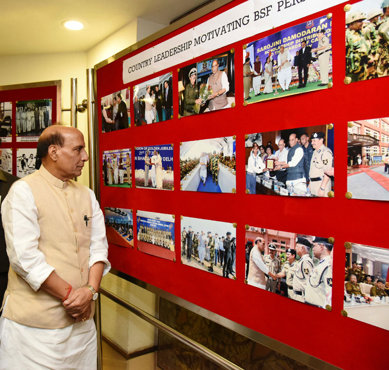 The Union Home Minister, Shri Rajnath Singh going around an photo exhibition, during the 14th BSF Investiture Ceremony- 2016, in New Delhi on May 20, 2016.