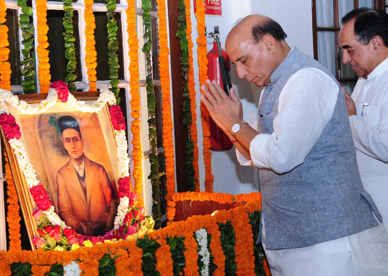 The Union Home Minister, Shri Rajnath Singh paying homage at the portrait of Swatantryaveer Vinayak Damodar Savarkar, on his birth anniversary, at Parliament House, in New Delhi on May 28, 2016.