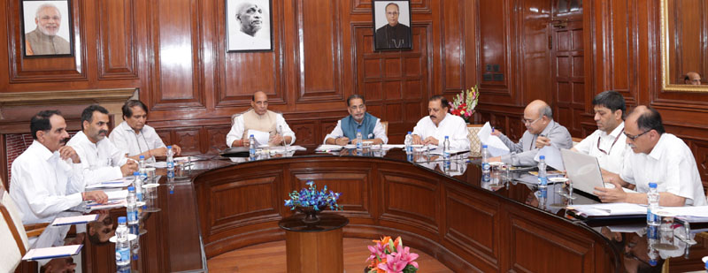 The Union Home Minister, Shri Rajnath Singh chairing a Group of Ministers meeting to discuss Bio Security Bill on Agriculture, in New Delhi on June 01, 2016.  The Union Minister for Railways, Shri Suresh Prabhakar Prabhu, the Union Minister for Agriculture and Farmers Welfare, Shri Radha Mohan Singh, the Minister of State for Development of North Eastern Region (I/C), Youth Affairs and Sports (I/C), Prime Ministers Office, Personnel, Public Grievances & Pensions, Atomic Energy and Space, Dr. Jitendra Singh, the Minister of State for Agriculture and Farmers Welfare, Dr. Sanjeev Kumar Balyan and the senior officers of Ministry of Home Affairs and Ministry of Agriculture and Farmers Welfare are also seen.