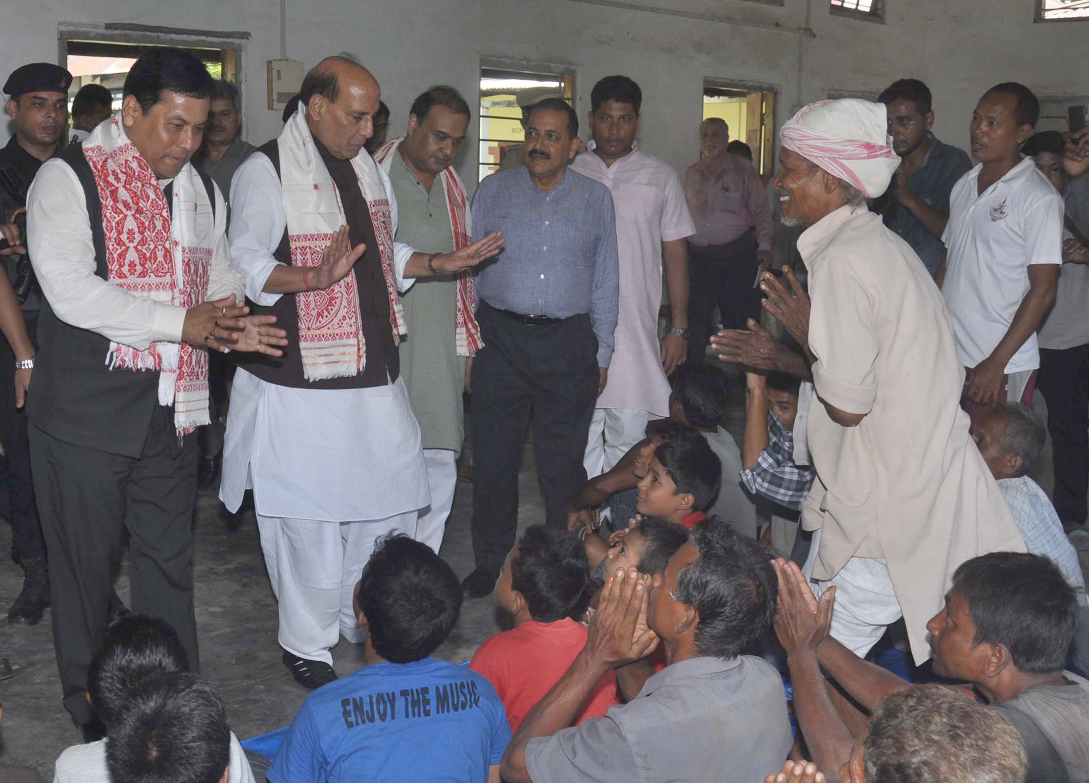 The Union Home Minister, Shri Rajnath Singh visiting the flood relive camp, at Morigaon, District of Assam on July 30, 2016. 	The Chief Minister of Assam, Shri Sarbananda Sonowal and the Minister of State for Development of North Eastern Region (I/C), Prime Ministers Office, Personnel, Public Grievances & Pensions, Atomic Energy and Space, Dr. Jitendra Singh are also seen.