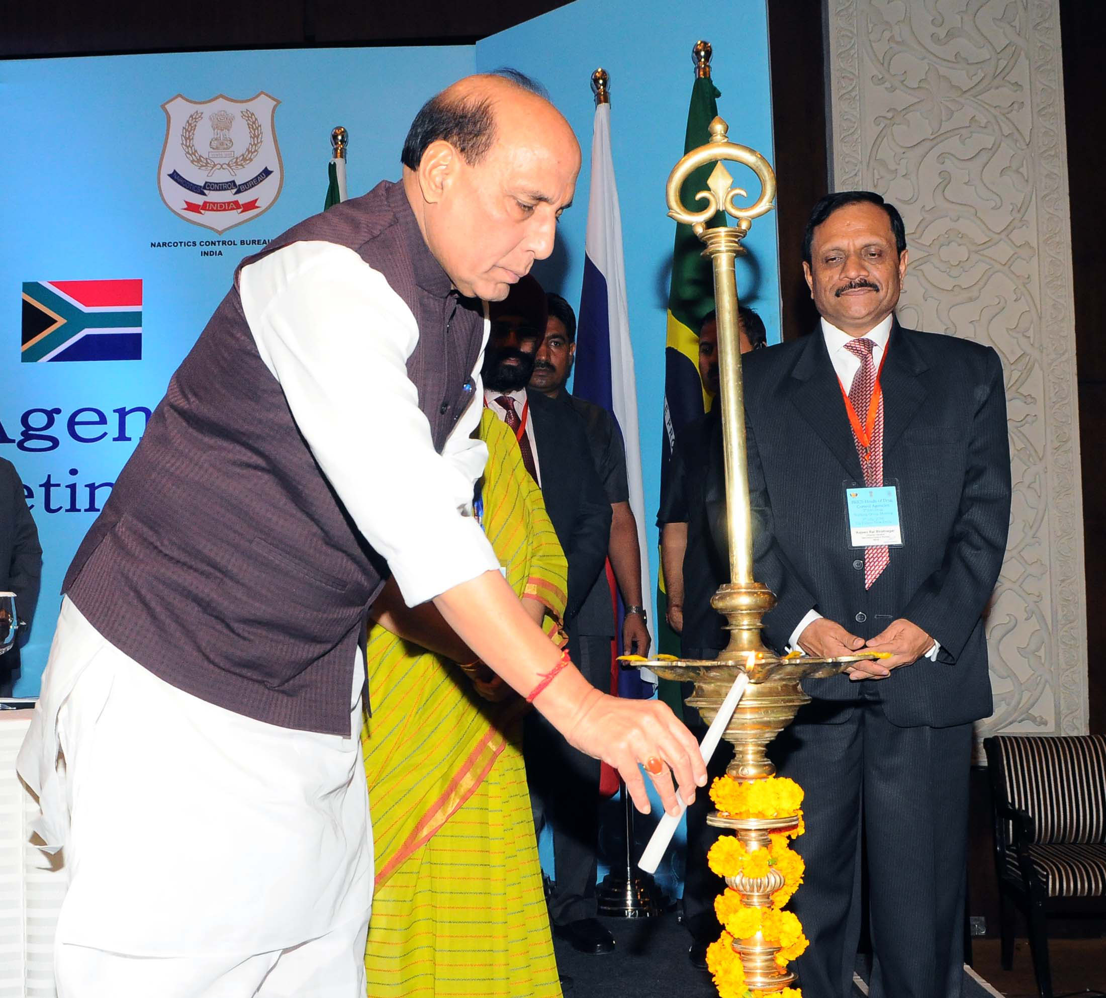 The Union Home Minister, Shri Rajnath Singh lighting the lamp to inaugurate the BRICS Heads of Drug Control Agencies Working Group Meeting, in New Delhi on July 08, 2016.