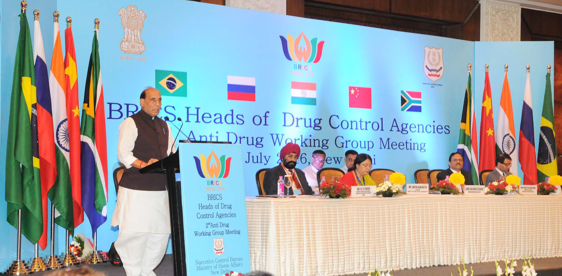 The Union Home Minister, Shri Rajnath Singh addressing at the inauguration of the BRICS Heads of Drug Control Agencies Working Group Meeting, in New Delhi on July 08, 2016.  The Secretary, Ministry of Social Justice and Empowerment, Ms. Anita Agnihotri and other dignitaries are also seen.
