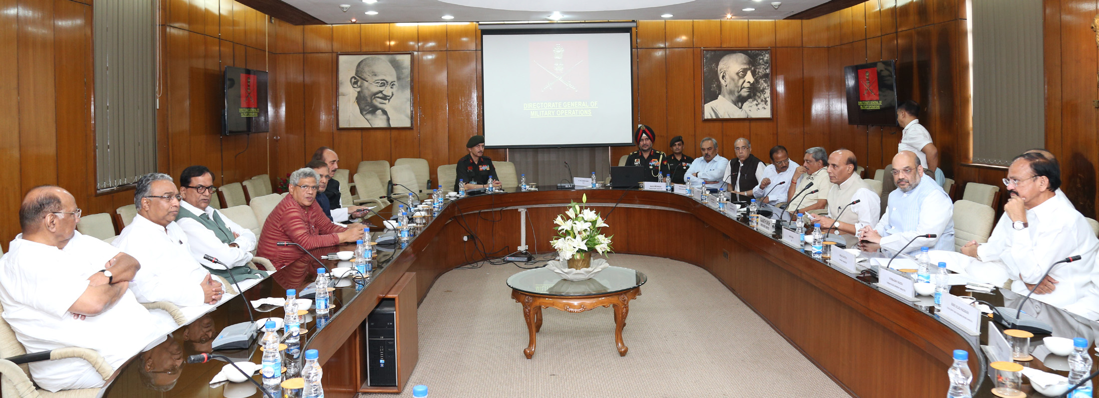 The Union Home Minister, Shri Rajnath Singh chairing an All-Party Meeting, DGMO briefed the meeting on Surgical Strikes by the Indian Army at launch pads along LoC, in New Delhi on September 29, 2016.