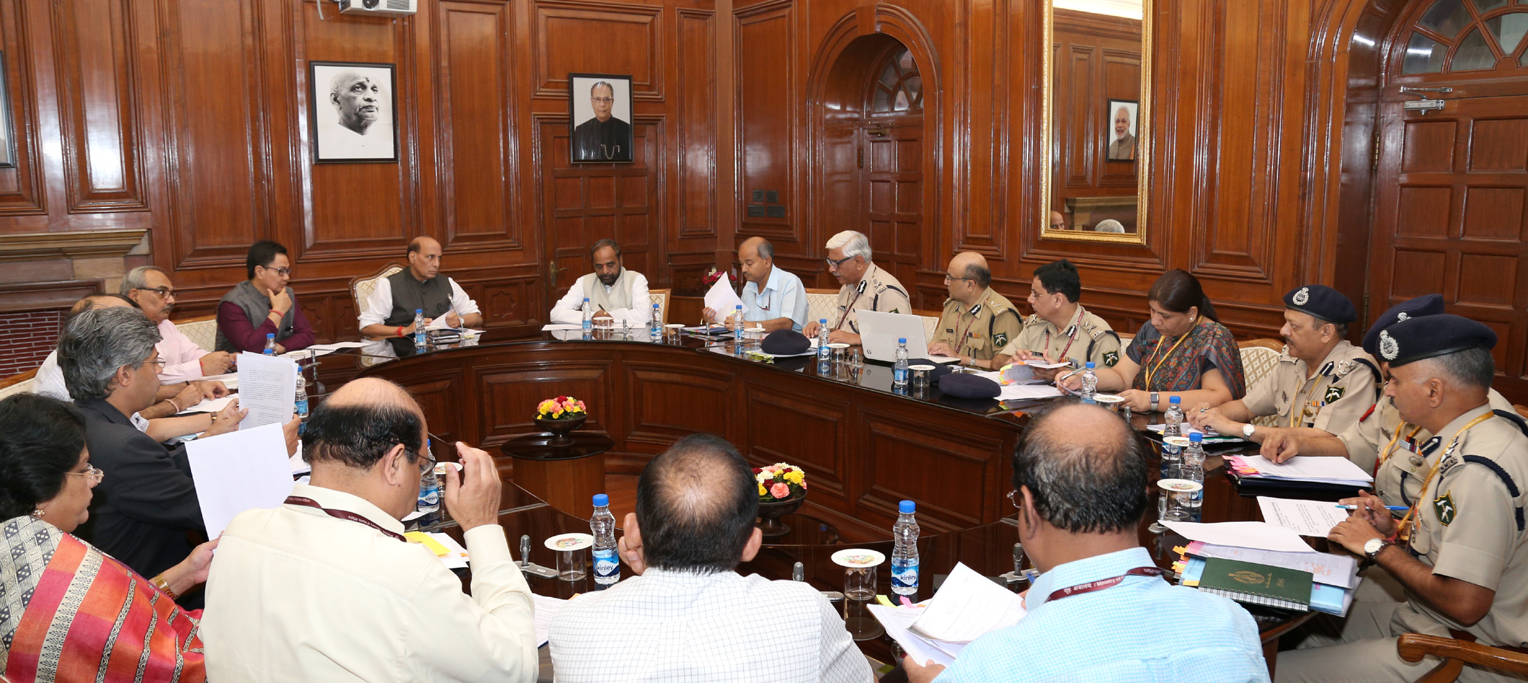 The Union Home Minister, Shri Rajnath Singh reviewing the issues of Indo Tibetan Border Police (ITBP) in a meeting, in New Delhi on September 30, 2016.  The Ministers of State for Home Affairs, Shri Hansraj Gangaram Ahir and Shri Kiren Rijiju, the Union Home Secretary, Shri Rajiv Mehrishi, the Secretary (Border Management), Shri Susheel Kumar, the Director General, ITBP, Shri D.K. Chaudhary and senior officers from ITBP and MHA are also seen.