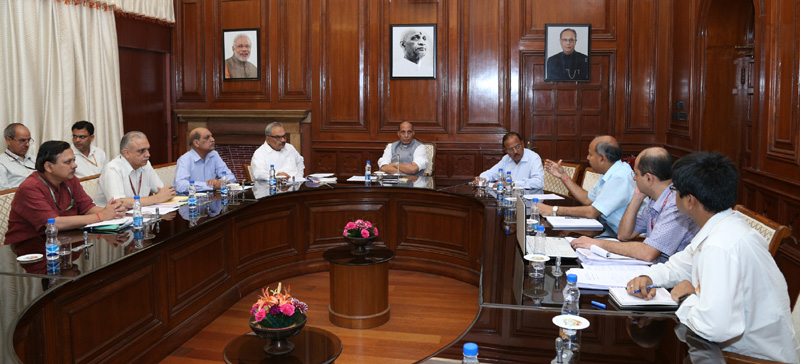 The Union Home Minister, Shri Rajnath Singh chairing a meeting about the details of Madhukar Gupta Committee report on the issue of gaps and vulnerability in border fencing along Indo-Pakistan border, in New Delhi on September 22, 2016.  The National Security Advisor (NSA), Shri Ajit Doval, the Home Secretary, Shri Rajiv Mehrishi, the Deputy NSA, Dr. Arvind Gupta, the Secretary (Border Management), Shri Susheel Kumar, the Home Secretary (Retd.), Shri Madhukar Gupta and other senior officers of the Ministry of Home Affairs and Ministry of Defence are also seen.