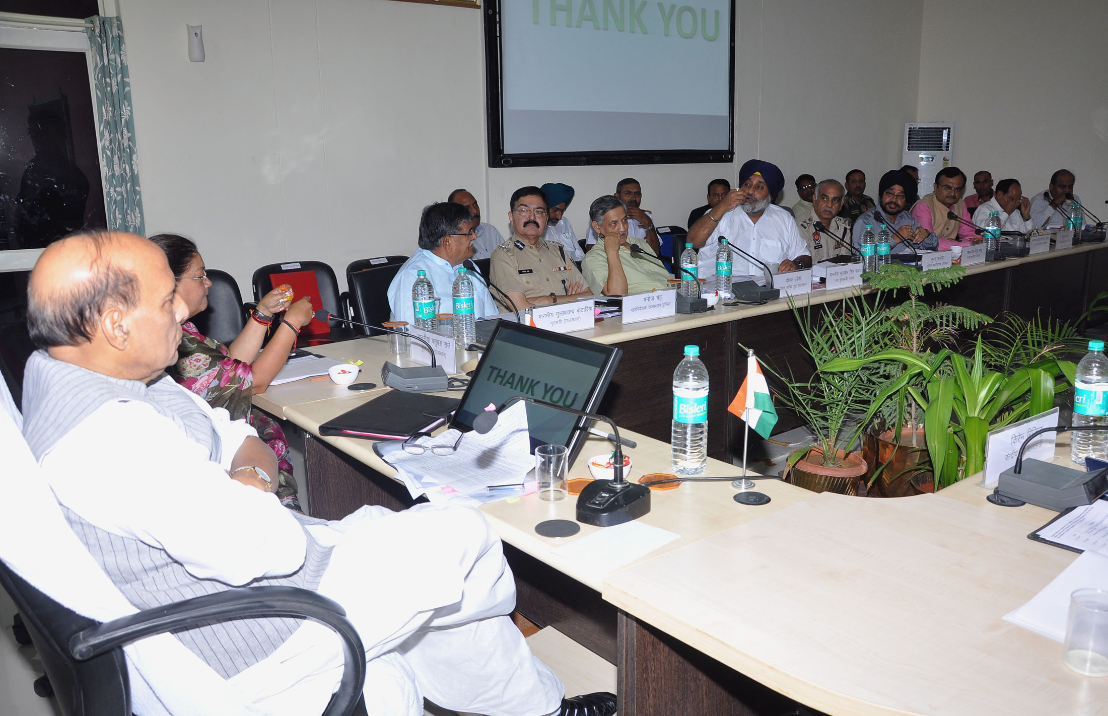 The Union Home Minister, Shri Rajnath Singh chairing a meeting with the Chief Ministers/ Home Ministers of Rajasthan, Gujarat, Punjab & J&K for sealing of Indo-Pak border, in Jaisalmer on October 07, 2016. The Chief Minister of Rajasthan, Smt. Vasundhara Raje Scindia, the Deputy Chief Minister of Punjab, Shri Sukhbir Singh Badal, the Home Minister of Rajasthan, Shri Gulab Chand Kataria, the Minister of State (Home), Gujarat, Shri Pradeep Sinh B. Jadeja and senior officers from the States are also seen.