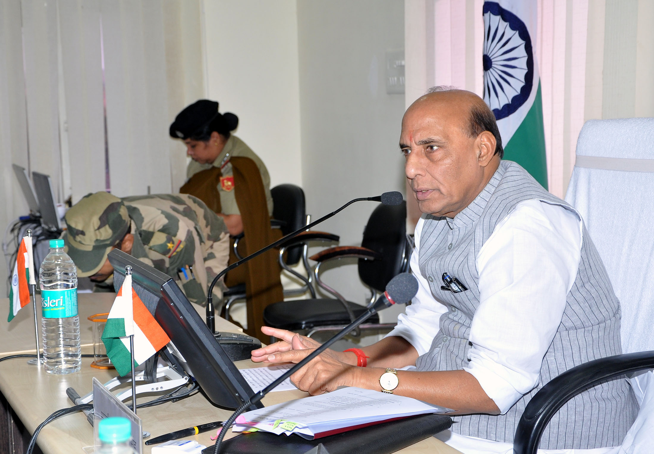 The Union Home Minister, Shri Rajnath Singh chairing a meeting with the Chief Ministers/ Home Ministers of Rajasthan, Gujarat, Punjab & J&K for sealing of Indo-Pak border, in Jaisalmer on October 07, 2016.